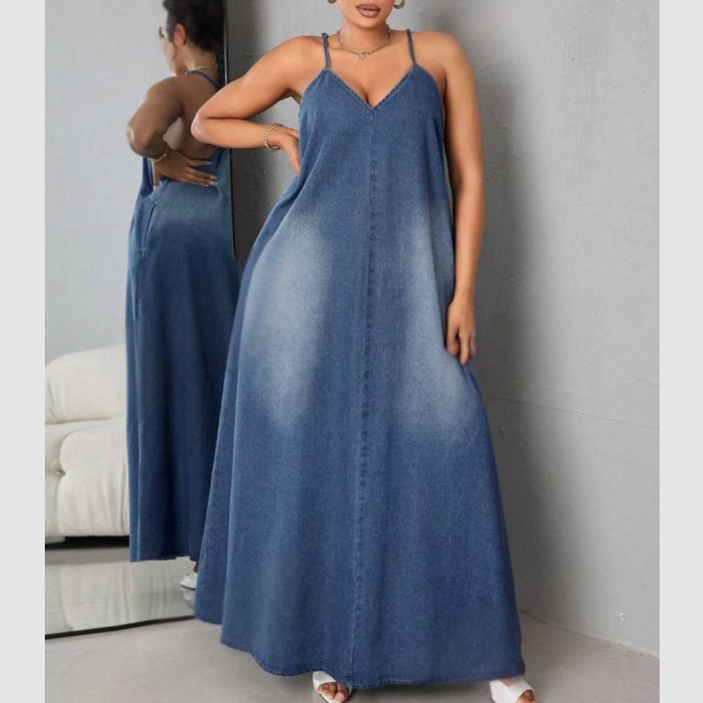 Washed Blue Denim Spaghetti-Strap Maxi Dress